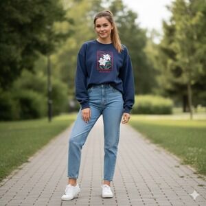 Vintage Alaska Embroidered Floral Sweatshirt Womens Medium Blue Crewneck USA